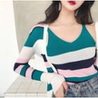 Set: Color-block Striped Slim-fit Camisole Top + Cardigan
