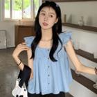 Sleeveless Frill Trim Button-up Denim Blouse