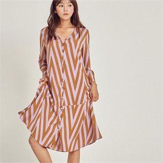 V-neck Patterned Buttoned Midi Dress With Sash