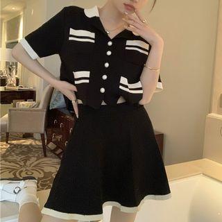 Short-sleeve Color Block Knit Top / Pleated Knit A-line Mini Skirt