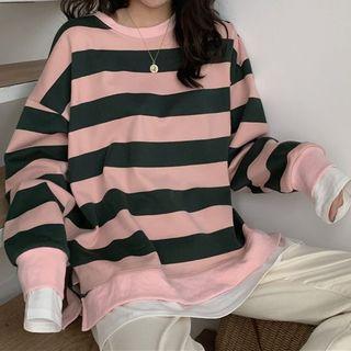 Mock Two-piece Oversize Striped Pullover