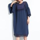 Long-sleeve Lace Trim A-line Midi Dress