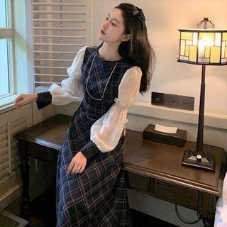 Long-sleeve Round-neck Plaid Dress