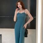 Spaghetti-strap Slit Straight Leg Jumpsuit