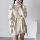 Cold Shoulder Mock Neck Tie-waist Sweater Dress