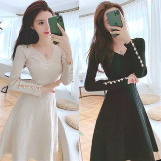 Long-sleeve Mini A-line Knit Dress Almond - One Size