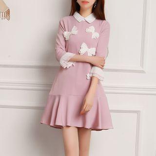 Bow Accent Pleated Trim 3/4 Sleeve Collared Dress