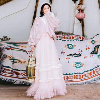Plain Turtleneck Sweater / Tasseled Maxi Mesh Overlay Skirt / Furry Floral Accent Buttoned Jacket / Set