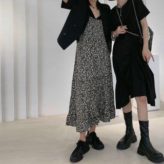 Floral Print Midi Overall Dress Floral - Black & White - One Size