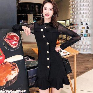 Long-sleeve Button-detail Ruffle Hem Mini Dress