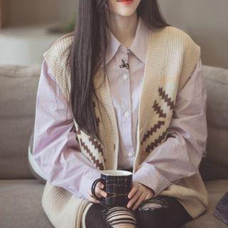 Patterned Single-breasted Knit Vest / Plain Shirt