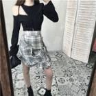 Off-shoulder Long-sleeve Top / Plain A-line Skirt