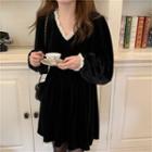 V-neck Dotted Ruffle Trim Velvet Mini A-line Dress Black - One Size