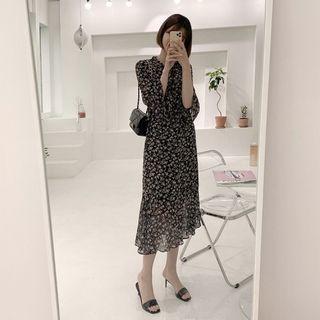 Floral Chiffon Long Dress Navy Blue - One Size