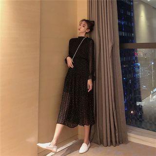 Dotted Long-sleeve Midi A-line Chiffon Dress