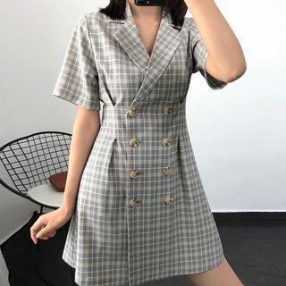 Plaid Short-sleeve Double-breasted Blazer Dress