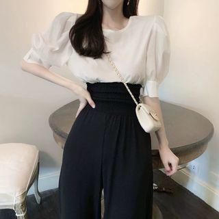 Set: Puff-sleeve Top + High Waist Wide Leg Pants