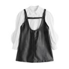 Puff-sleeve Plain Shirt / Faux Leather Dress