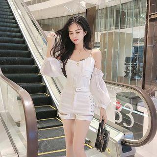 Cold-shoulder Long-sleeve Irregular Top / Lace-up Zipper Shorts