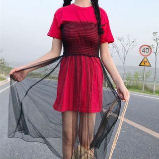 Set: Short-sleeve T-shirt Dress + Strapless Mesh Dress