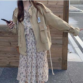 Long-sleeve Frill Trim Floral A-line Midi Dress / Zip Cargo Jacket