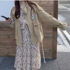 Long-sleeve Frill Trim Floral A-line Midi Dress / Zip Cargo Jacket