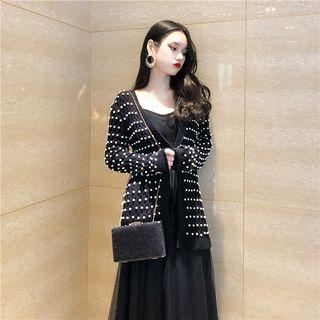 Faux-pearl Cardigan / Mesh Sleeveless Dress