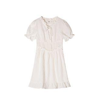Plain Puff Short Sleeve Tie-waist Dress