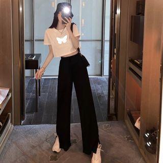 Butterfly Print Short-sleeve T-shirt / Side-slit Wide-leg Pants