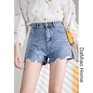 Bee-embroidered High-waist Denim Shorts