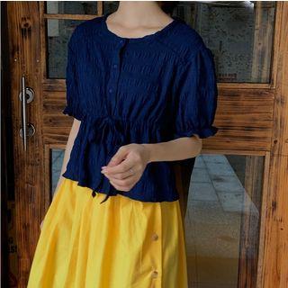 Frill-hem Short-sleeve Drawstring Blouse Blue - One Size