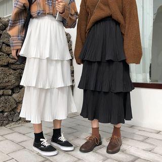 High Waist Midi Tiered Skirt / Side Slit Midi Knit Skirt