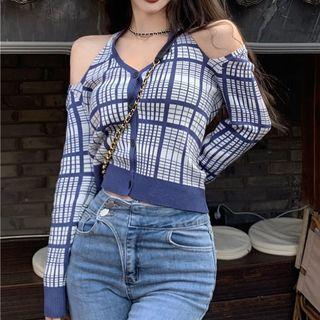 Cold-shoulder Plaid Cardigan Blue - One Size