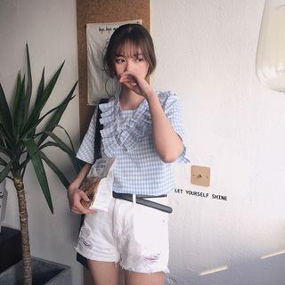 Frill Trim Plaid Short Sleeve Blouse