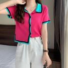 Short-sleeve Contrast Collar Cardigan Blue & Pink - One Size