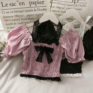 Patchwork Lace-panel Smocked Crop Top