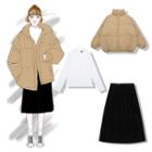 Padded Zip Jacket / Midi A-line Skirt / Turtleneck Knit Top