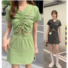 Set: Letter Embroidered Drawstring Short-sleeve T-shirt + Mini A-line Skirt