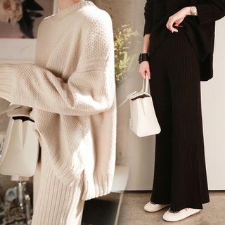 Set Of Two: Plain Knit Sweater + Tie-waist Wide-leg Pants