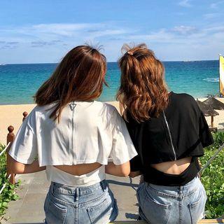 Elbow-sleeve Zip Back Cropped T-shirt