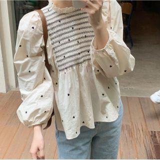 Long-sleeve Heart Print Frill Trim Blouse