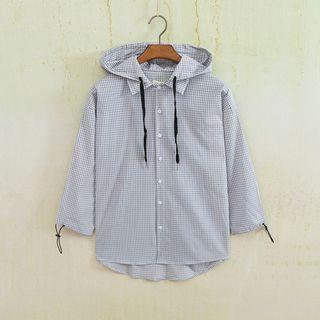 3/4-sleeve Gingham Hooded Shirt