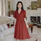 Collared Short-sleeve Gathered-waist Dress
