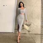 Set: Long-sleeve Button-up Cropped T-shirt + Mid Pencil Skirt