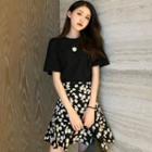 Flower Embroidered Short-sleeve / Floral Print Mini A-line Skirt / Set