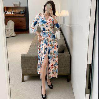 Long Sleeve V-neck Print Side-slit Dress