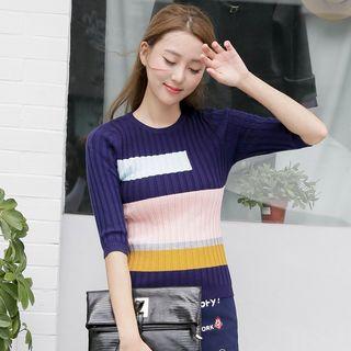 Color Block Elbow-sleeve Sweater