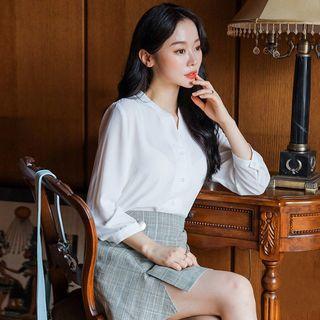 Plus Size Open-placket Elbow-sleeve Chiffon Blouse