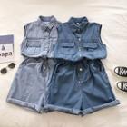 Single-breasted Denim Lace-up Wide-leg Jumper Shorts