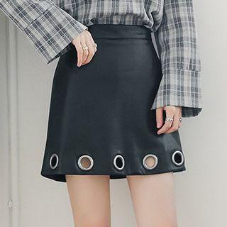 Grommet A-line Faux Leather Skirt